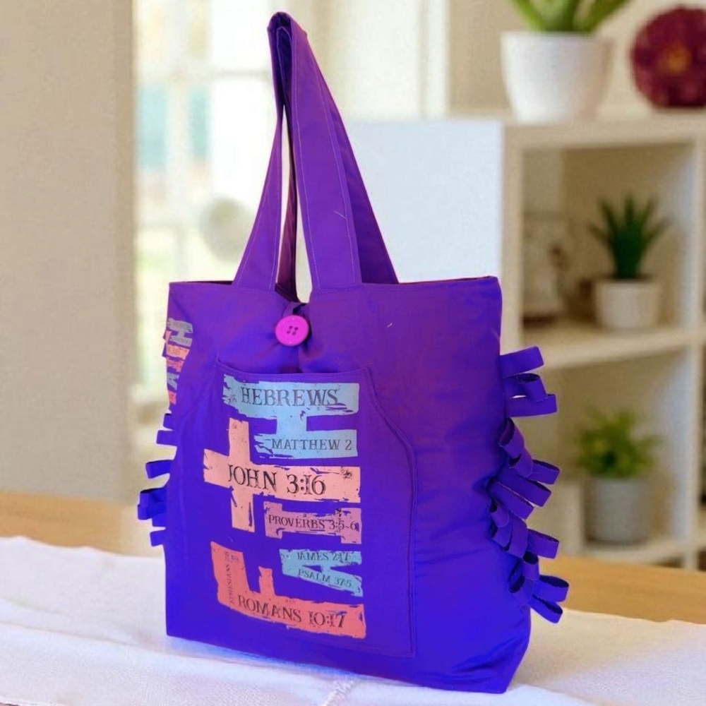 Vibrant Purple Ruffled Tote Bag with Playful Design